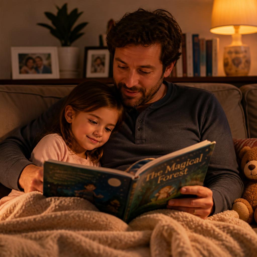 A parent reading a picture book to a child at bedtime