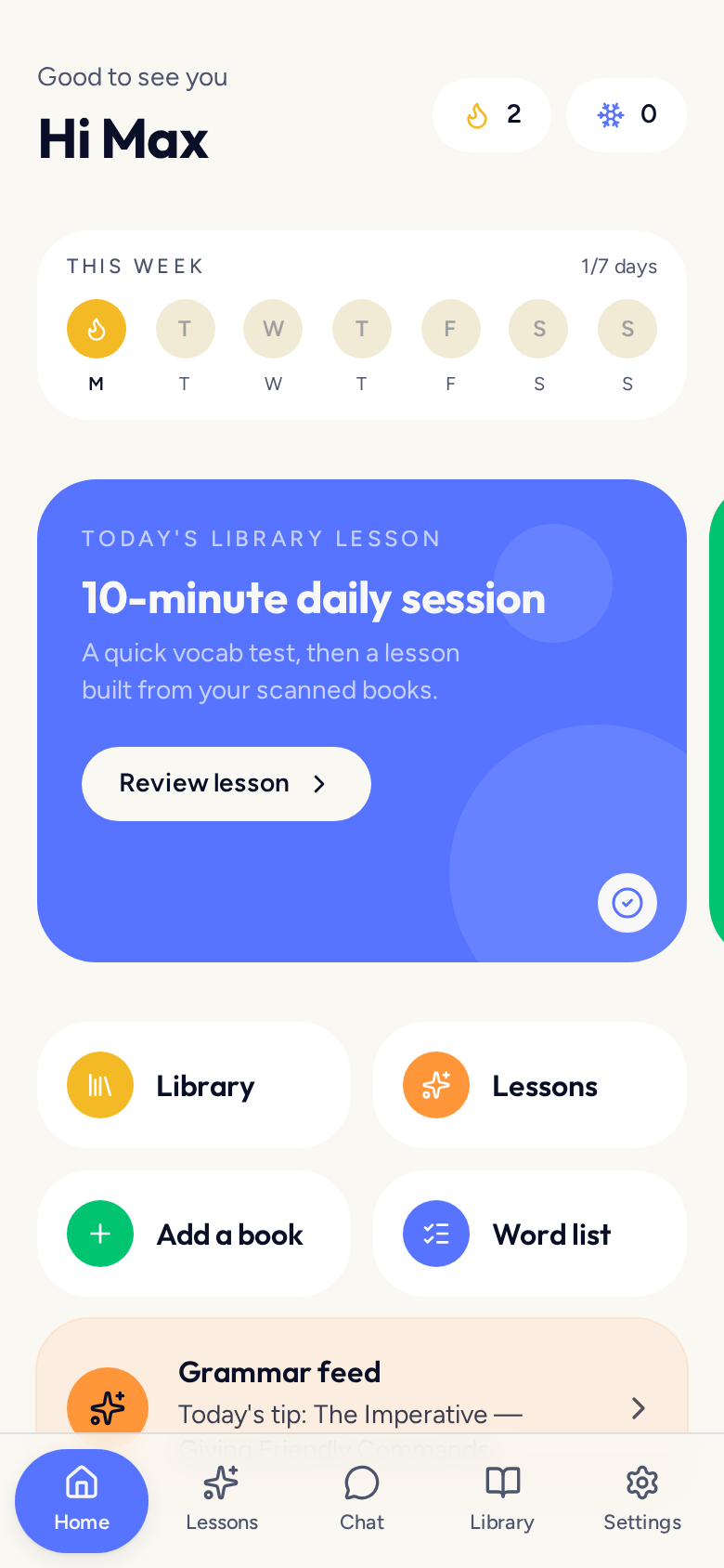 The Tildi home screen showing a streak, weekly progress and today's lesson