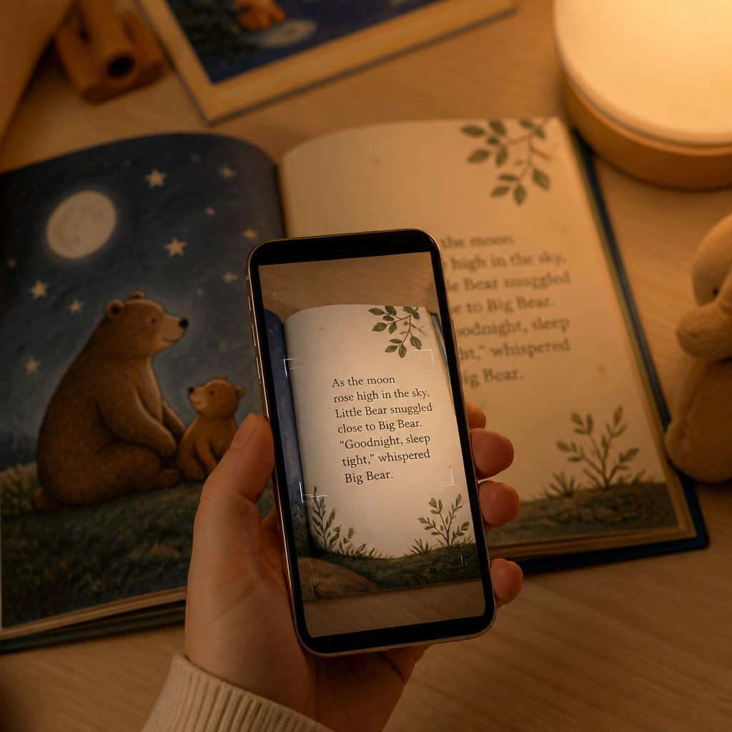 A parent holding a phone over an open picture book, scanning the page