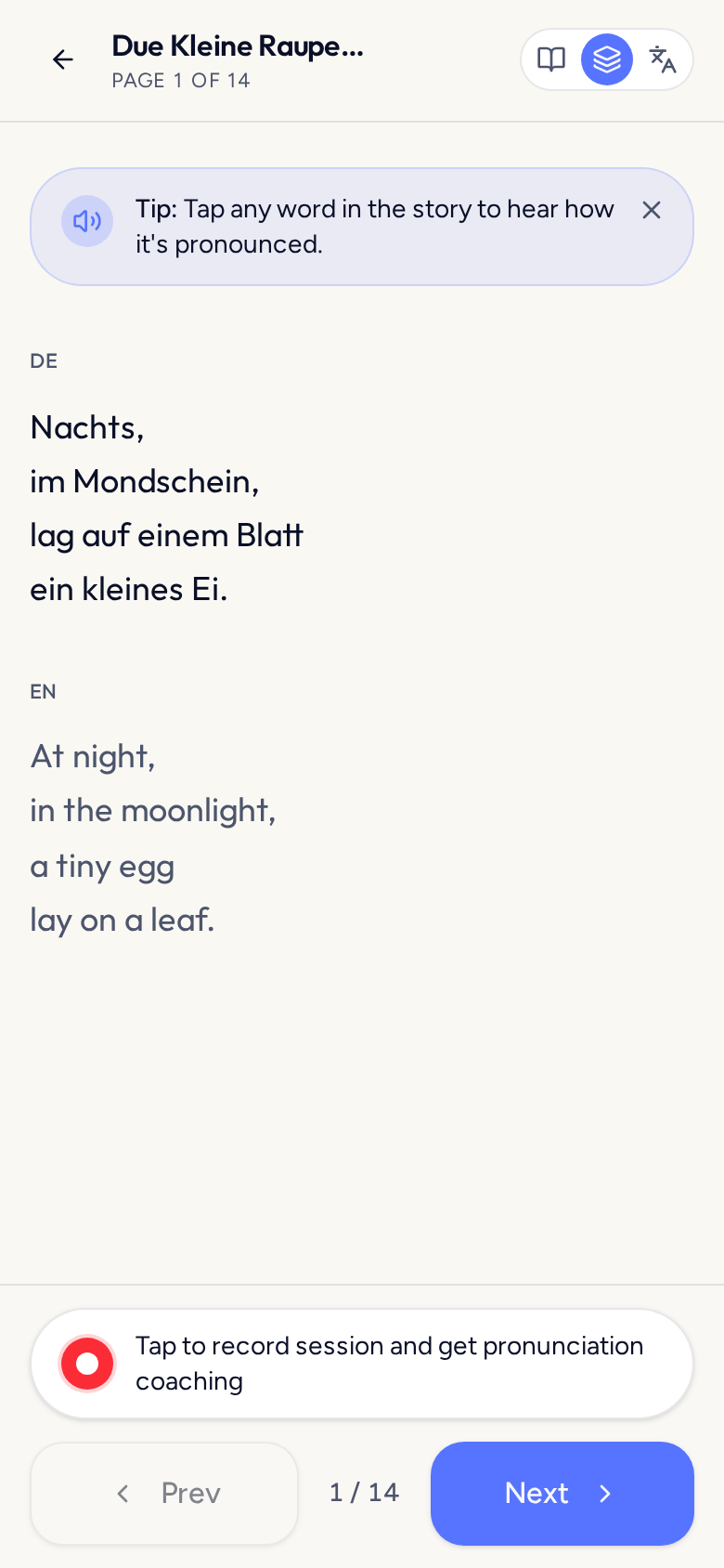 The Tildi reader showing a scanned picture-book page in German with its English translation