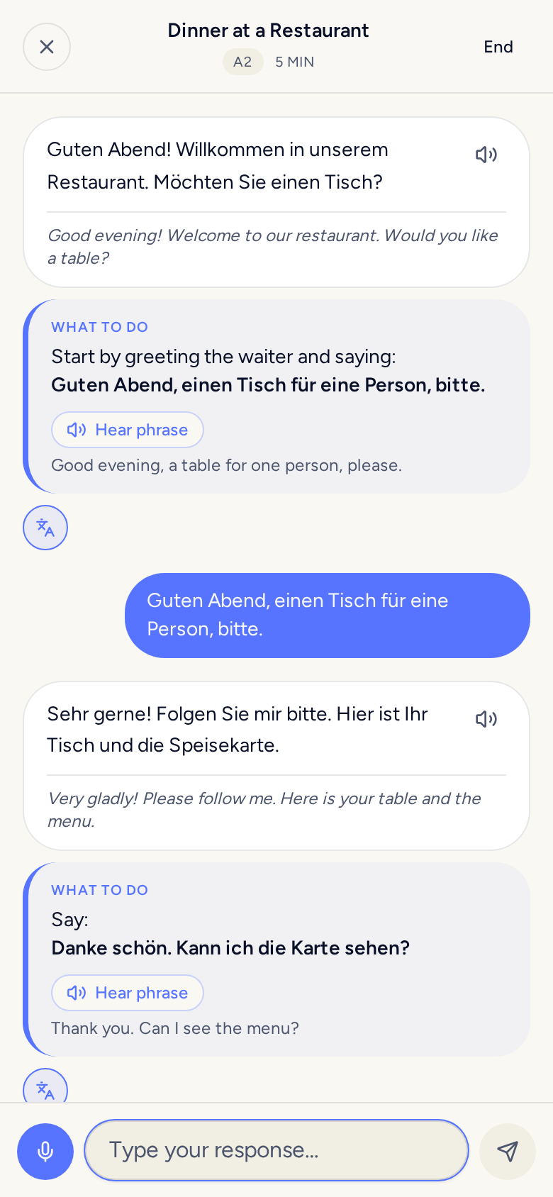 A guided practice conversation ordering dinner at a restaurant in German