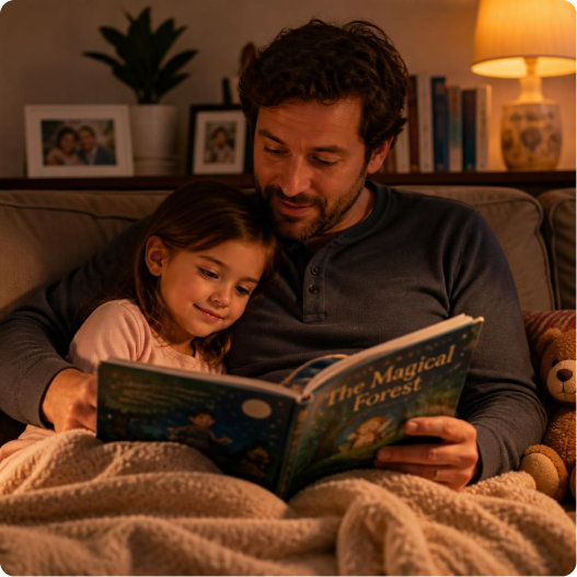 Max reading a bilingual picture book with his daughter Mathilda at bedtime